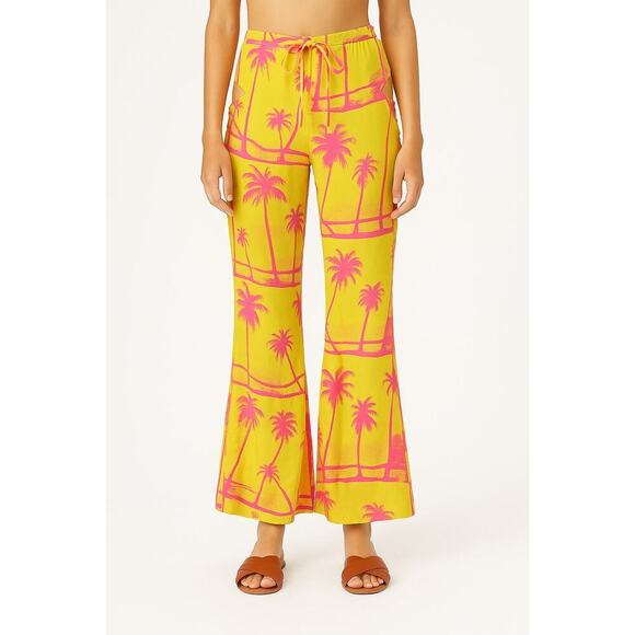 Urban Outfitters Pants - New Urban Outfitters Sunny Flare Cutout Pants Yellow Palm Tree Sz 14 Boho